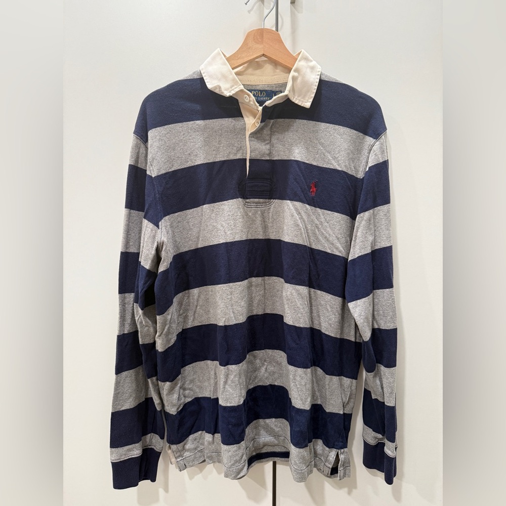 Polo by Ralph Lauren Men's Blue and Gray Striped Rugby Shirt